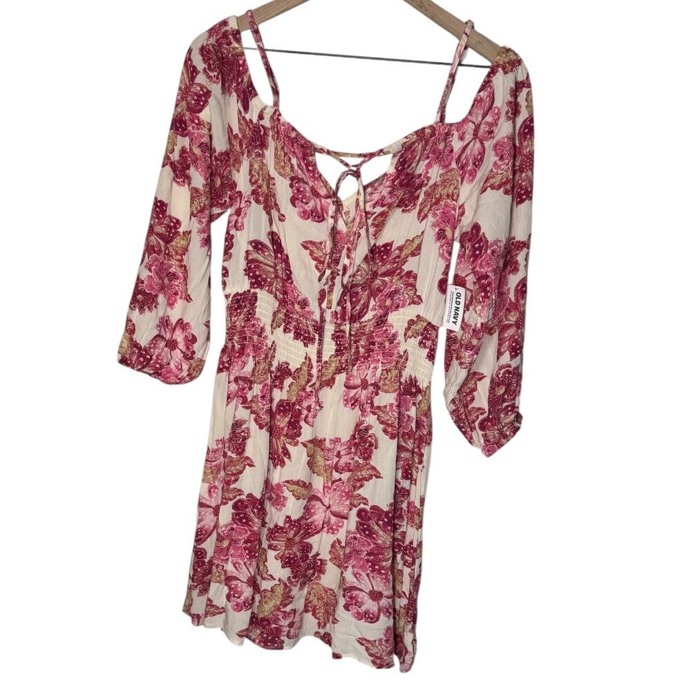 Old Navy Floral Off Shoulder Tie Bust Dress Medium NWT Pink Cream Boho Mini